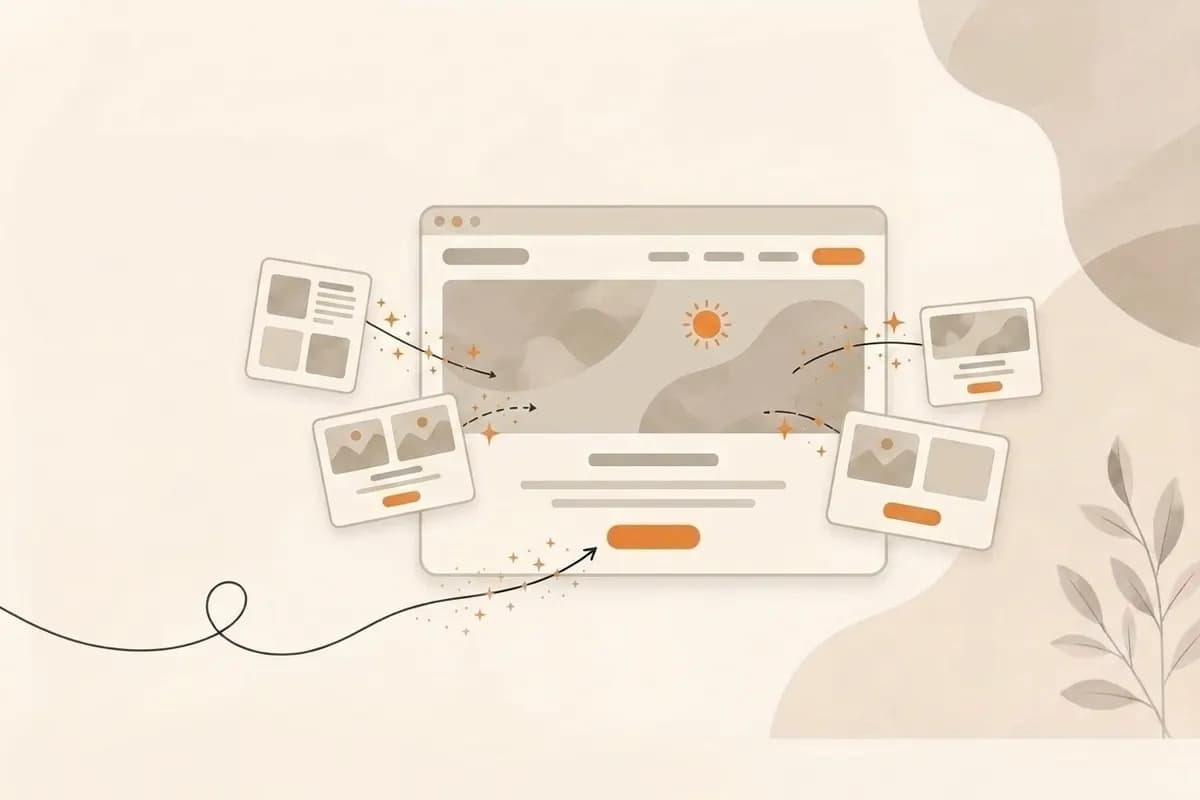 An AI website builder assembling a polished business website in the browser, section by section, from a single prompt