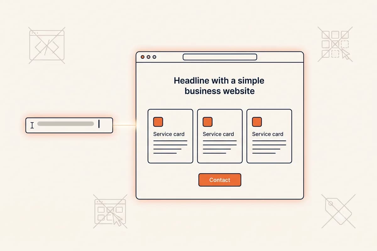 A typed sentence flowing into an assembled website layout, showing how a beginner goes from a plain description to a finished page