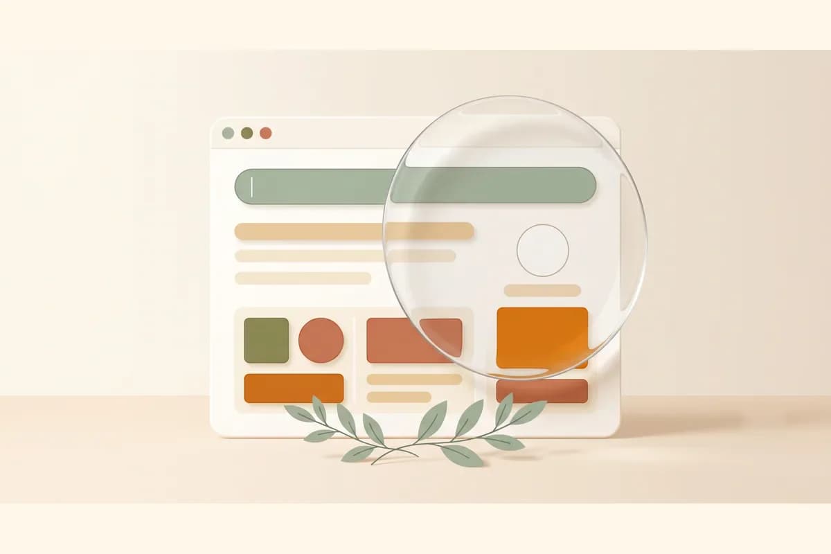 A browser window mockup of an AI website builder examined through a magnifying lens, illustrating a close review of what the tool produces.