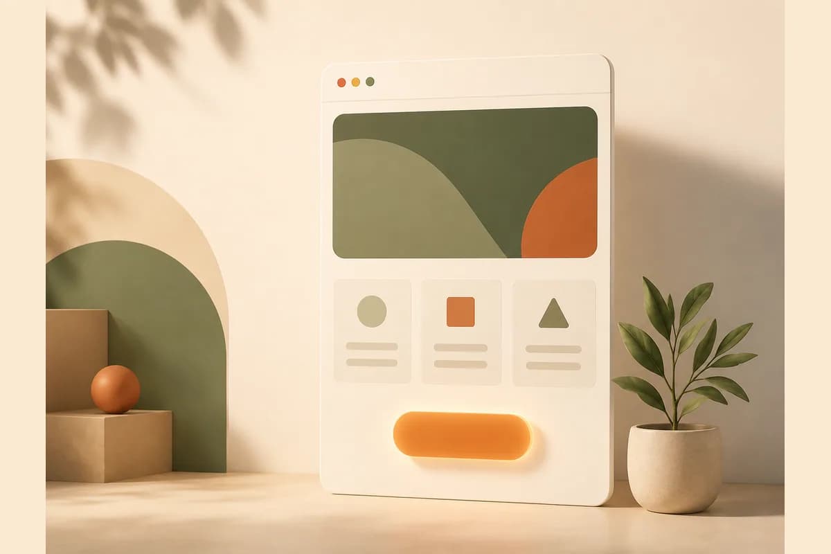 Mockup jendela browser menampilkan satu landing page rapi dengan banner utama, tiga kartu, dan satu tombol menonjol, menggambarkan prinsip desain yang menjual.