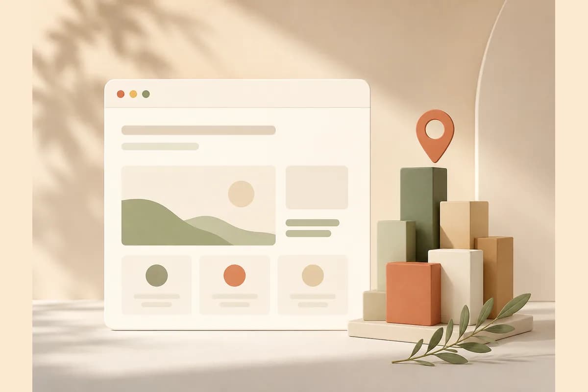 Mockup jendela browser di samping deretan gedung sederhana dengan pin lokasi, menggambarkan jasa pembuatan website untuk bisnis di Bekasi.