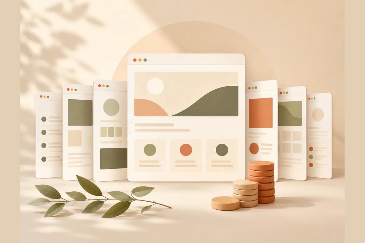 One central builder window producing several smaller client site windows beside a growing stack of coins, illustrating an agency shipping sites fast while keeping margin.