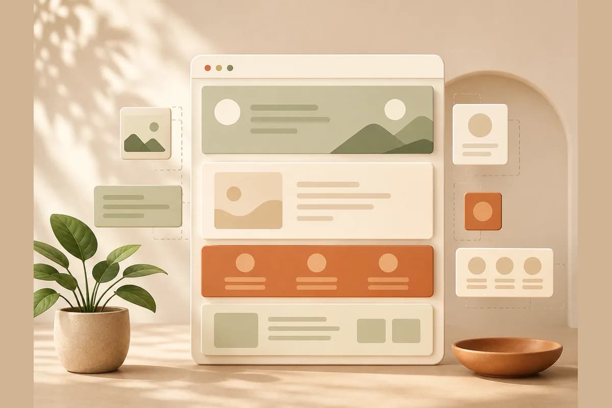 A browser window mockup being built from modular content blocks that snap into a full page layout, illustrating an AI website builder assembling a site.