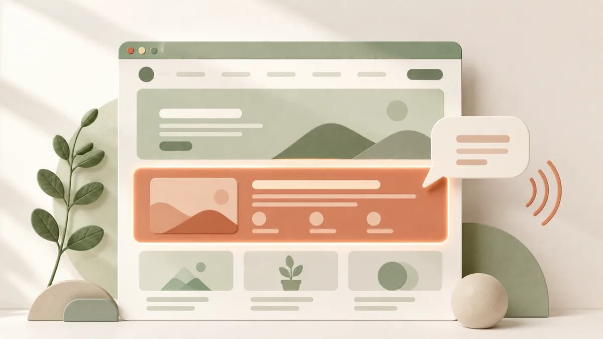 A browser window on warm paper where one middle section glows amber while a speech bubble and sound wave arc point at it, showing a website section being rebuilt by talking to it