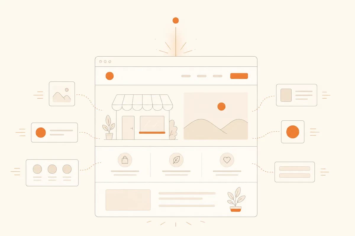 An AI website generator at work: from a single glowing prompt line, a complete small-business website assembles itself inside a browser window in minutes