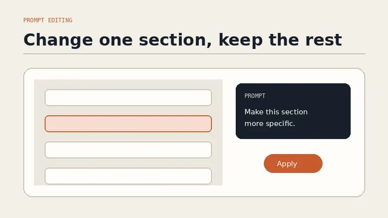 A website editor with one selected section and a plain-language prompt beside it.