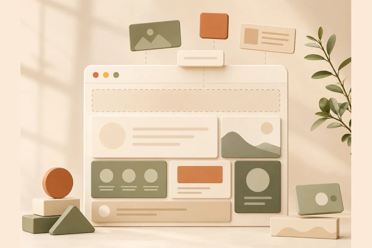 A browser window being built from draggable modular blocks, capturing how the Elementor AI website builder assembles pages widget by widget.