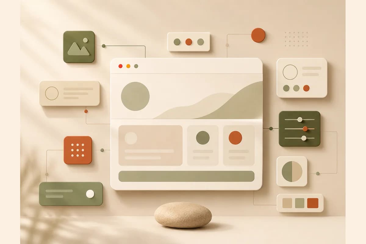 Illustration of a browser mockup ringed by floating design components and guide lines, representing Framer's designer-grade AI builder.