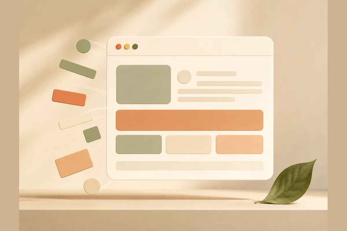 Illustration of a browser window building itself from floating shapes, representing GoDaddy's AI website builder generating a site automatically.
