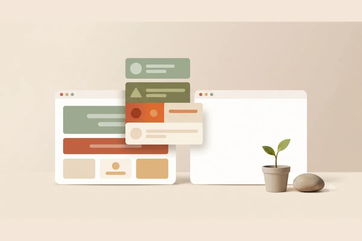 A browser window mockup mid-transfer as content blocks lift off one window and settle into a fresh empty one beside it, representing rebuilding a site after leaving Hocoos.