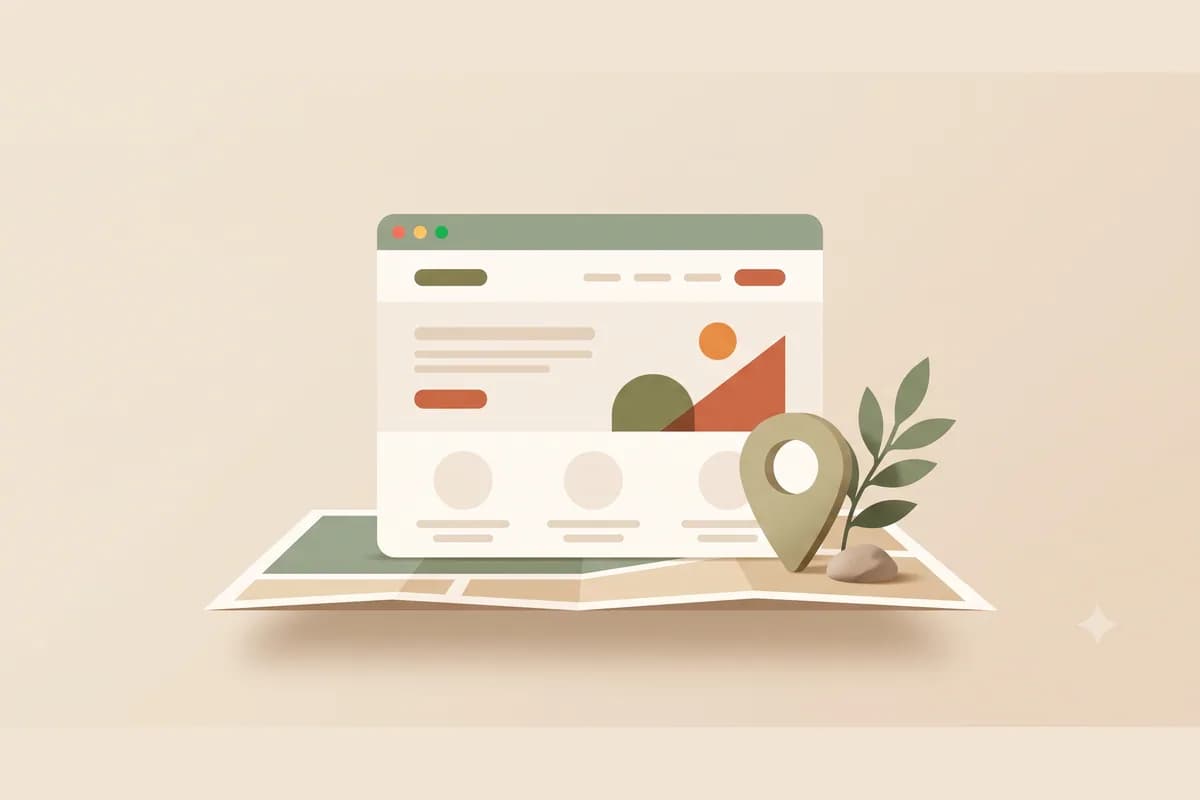 Jendela browser amber menyala berisi website bisnis melayang di atas siluet gedung-gedung kota Tangerang bergaya flat vector ungu