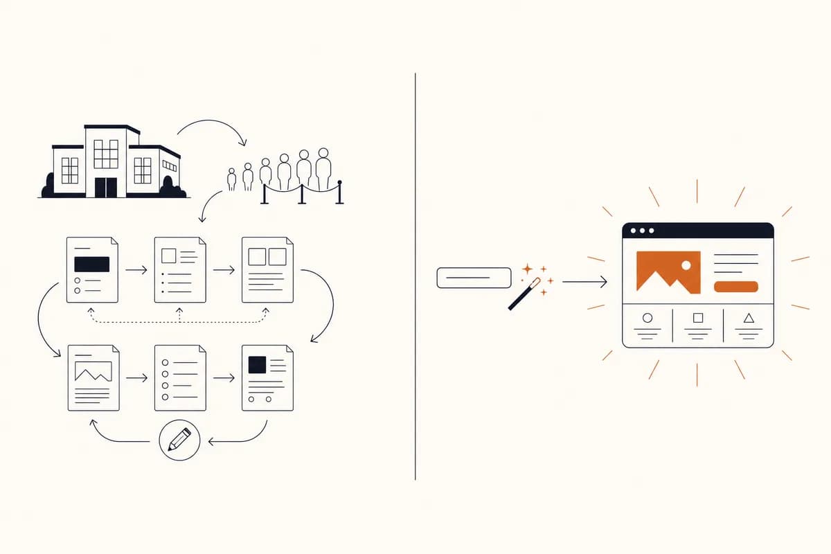 Web design service vs AI website builder: the service route has many stages and revisions, the AI route turns one sentence into a finished website