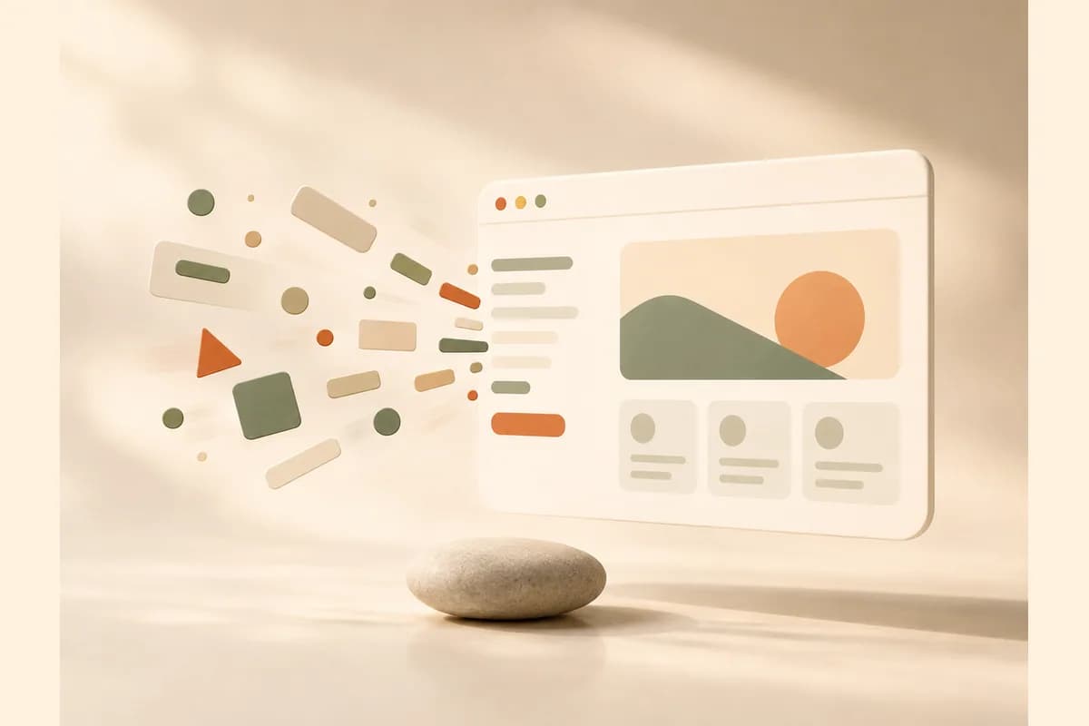 Mockup jendela browser yang seakan menyatu dari kepingan bentuk geometris yang berkumpul ke tengah, menggambarkan cara tercepat membuat landing page gratis dengan AI.