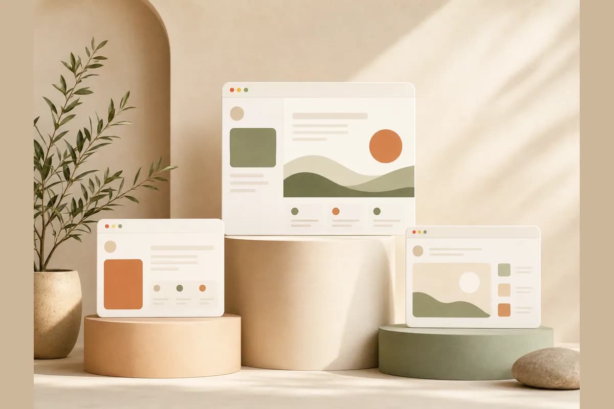 Three browser window mockups displayed on pedestals of varying heights like a winners stand, representing top small business website examples.