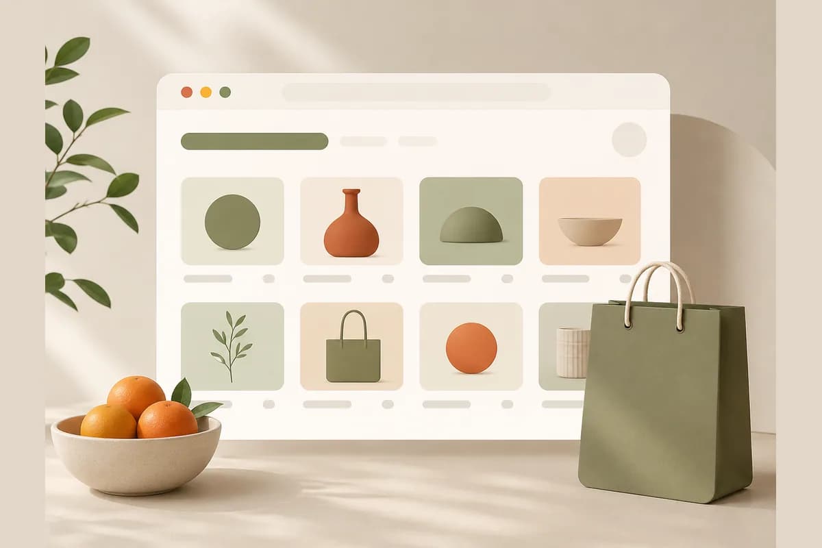Mockup jendela browser menampilkan grid ubin produk dengan tas belanja dan mangkuk buah di depannya, menggambarkan website gratis untuk berjualan.