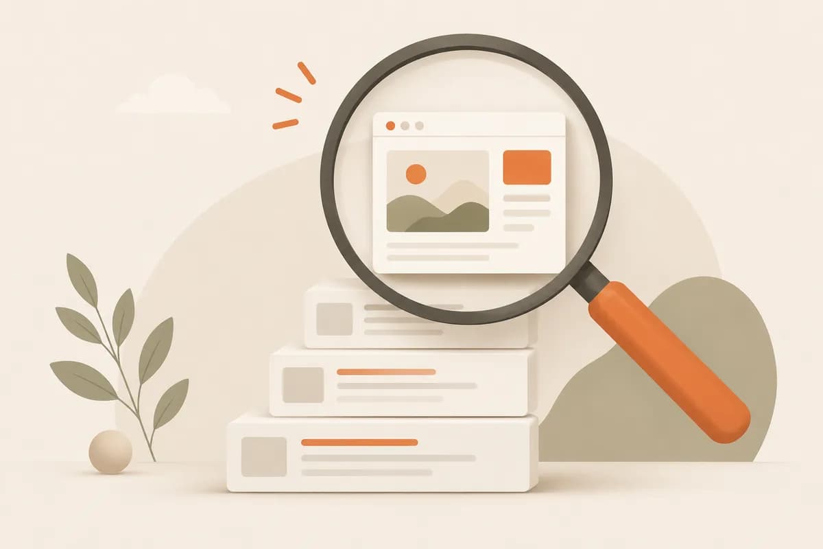 A website climbing the search results under a magnifying glass
