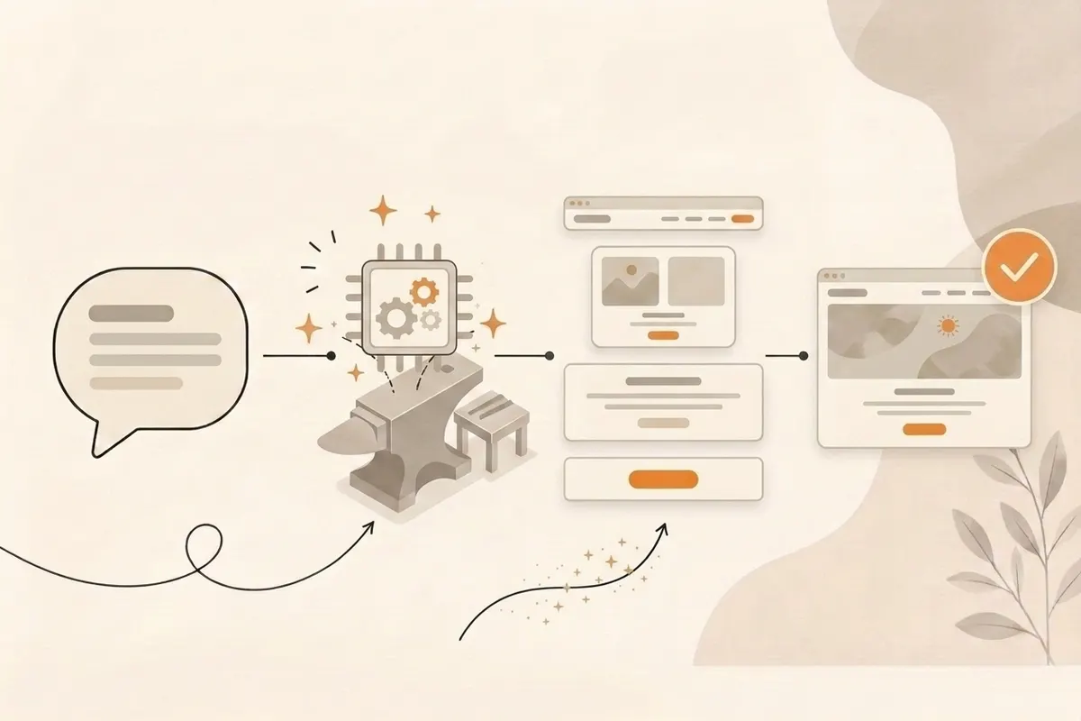 How an AI website builder works: a brief goes into the AI engine, sections are generated, and a finished website comes out