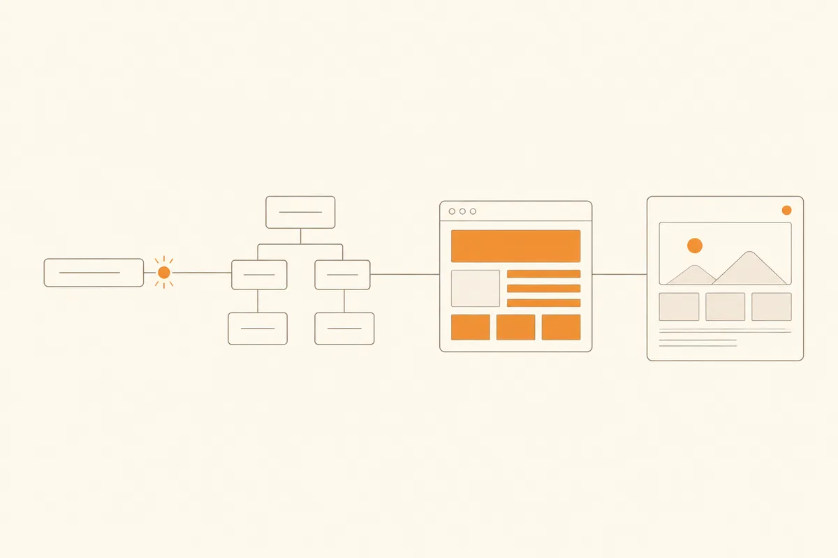How an AI website generator works in four stages left to right: a prompt, a section tree, a browser with content filled in, and a published live site