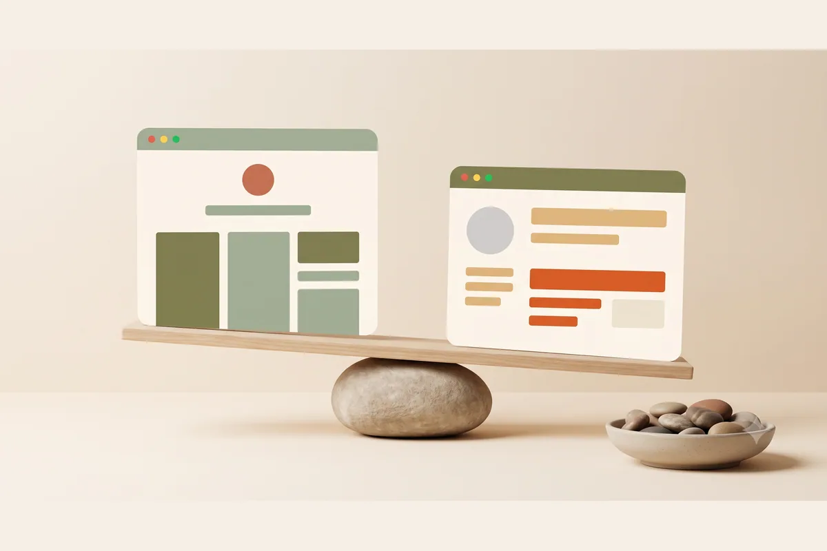 Two browser window mockups weighed against each other on a balancing plank, representing a side by side comparison of two builders.