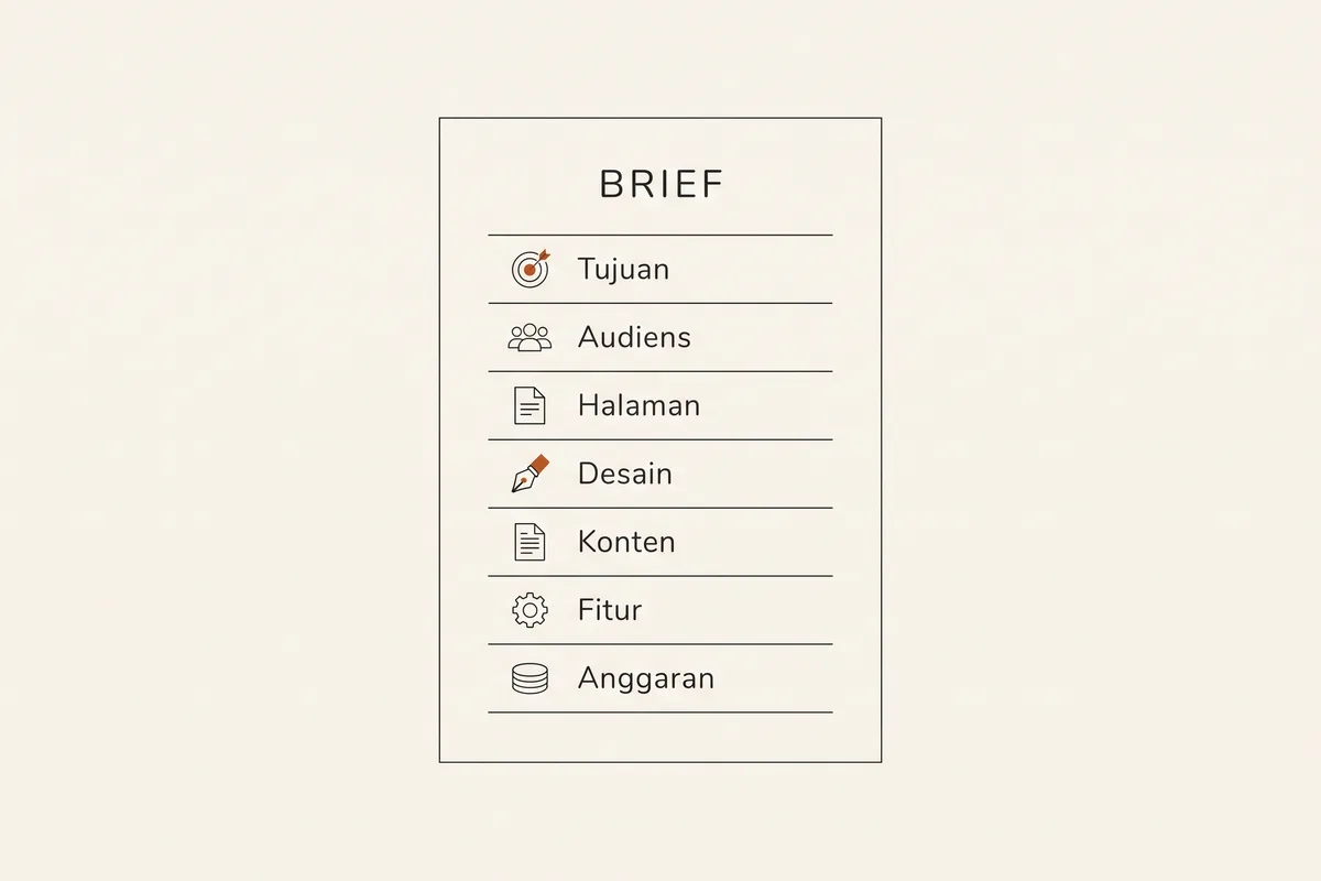 Tujuh bagian wajib dalam brief pembuatan website: tujuan, audiens, halaman, desain, konten, fitur, dan anggaran