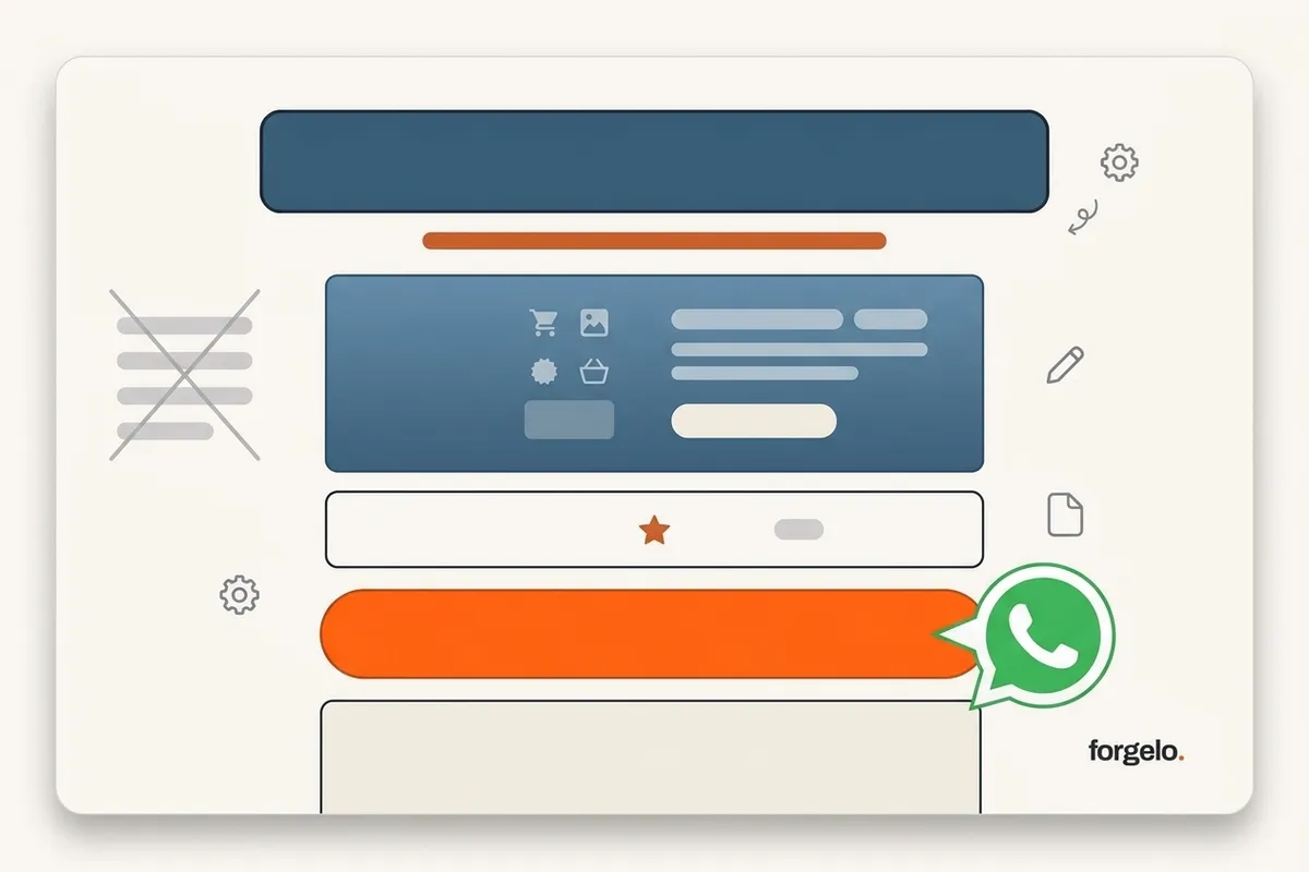 Anatomi landing page yang konversi: satu headline, satu penawaran, bukti singkat, dan satu tombol menuju WhatsApp, dengan menu navigasi dicoret untuk menghilangkan distraksi