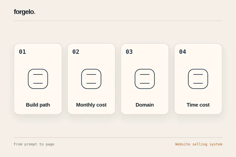 Four cost areas to plan before publishing a selling website: build path, monthly cost, domain, and time cost