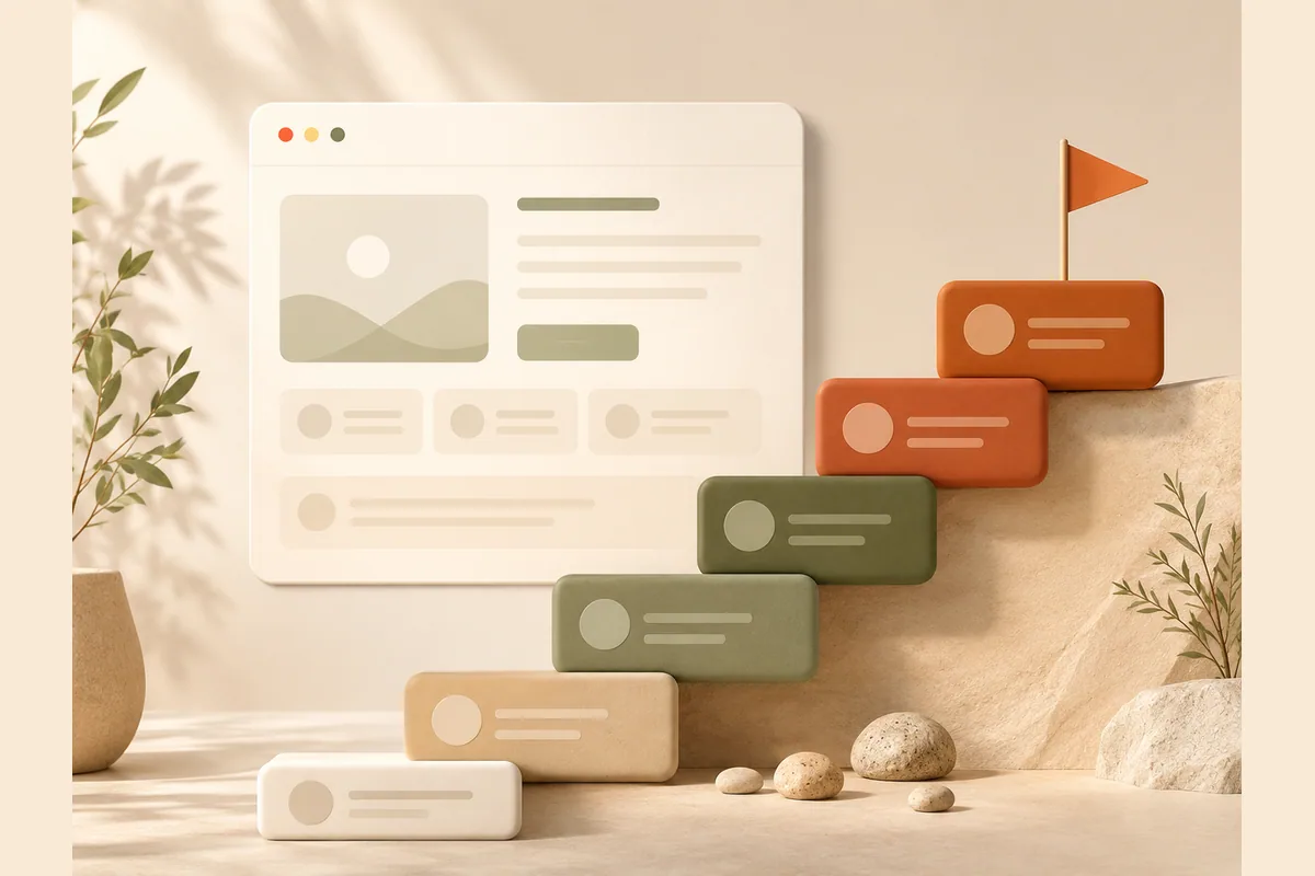 A six-step path for building a selling website, from raw business material to distribution and buyer questions.
