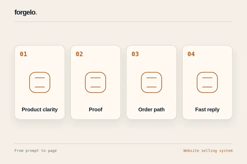 Four visible parts of a selling website: product clarity, proof, order path, and fast reply