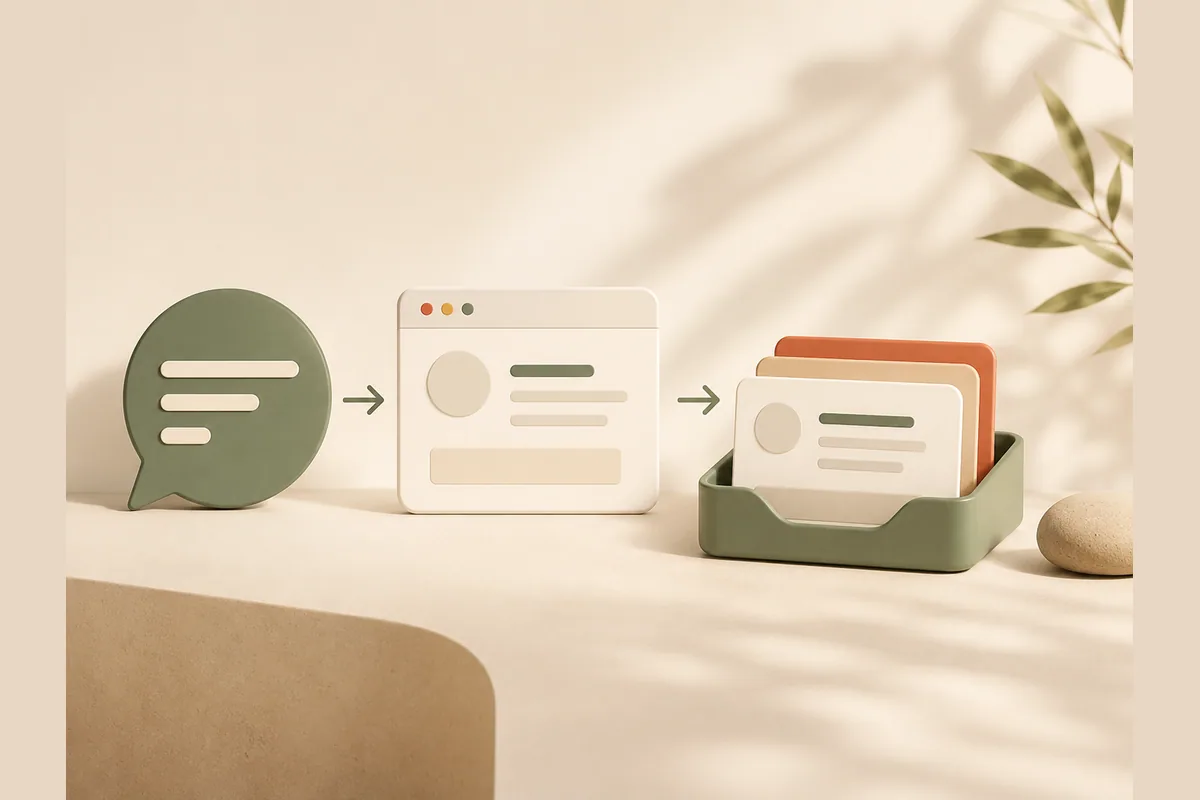 A chat bubble moving through a contact card into a message inbox