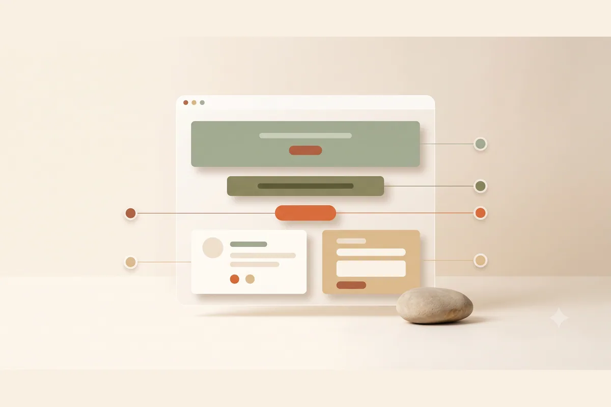 Satu mockup landing page yang dipecah menjadi lapisan-lapisan terpisah seperti banner, tombol, testimoni, dan form, menunjukkan elemen penyusunnya.