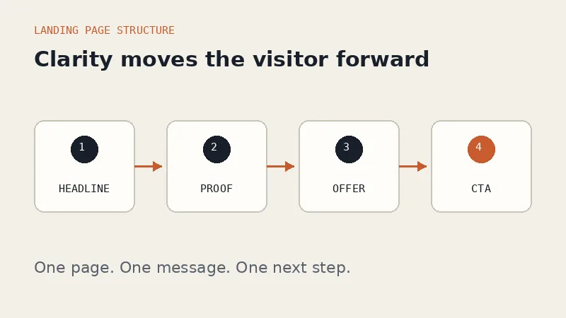 Four-step landing page structure from headline and proof to offer and call to action