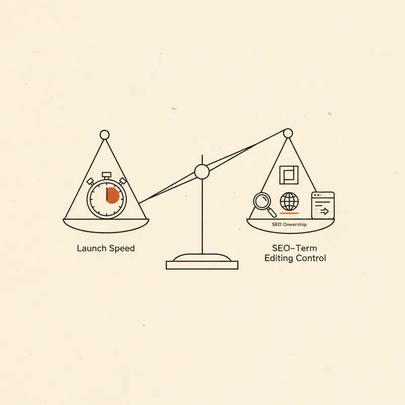 A balance comparing launch speed with editing control, SEO ownership, and lead capture