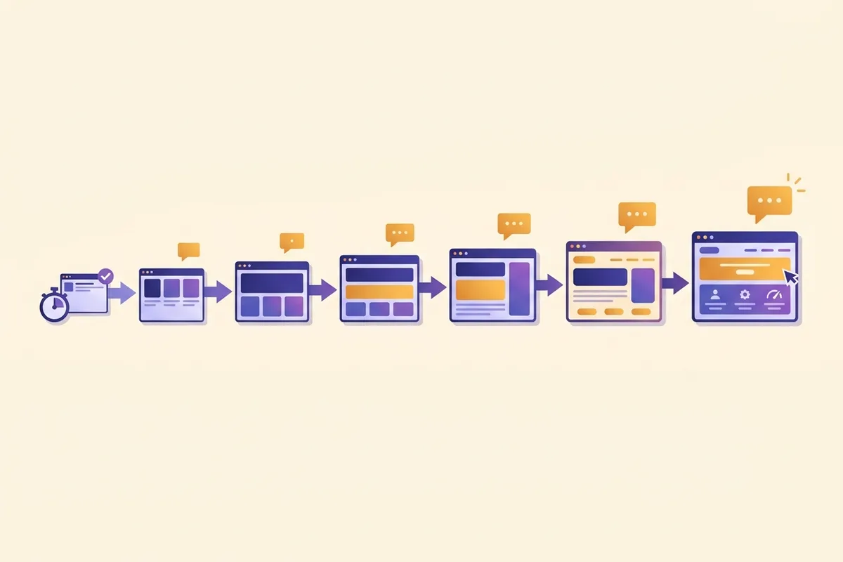 A timeline of browser windows evolving step by step after a stopwatch-fast start, each change prompted by a small amber chat bubble