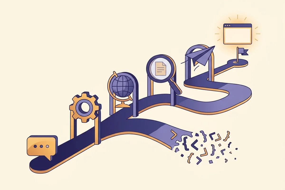 A winding path from a chat bubble through deployment, domain, SEO, and lead-form gates to a glowing published website, with a dead-end branch dissolving into code brackets