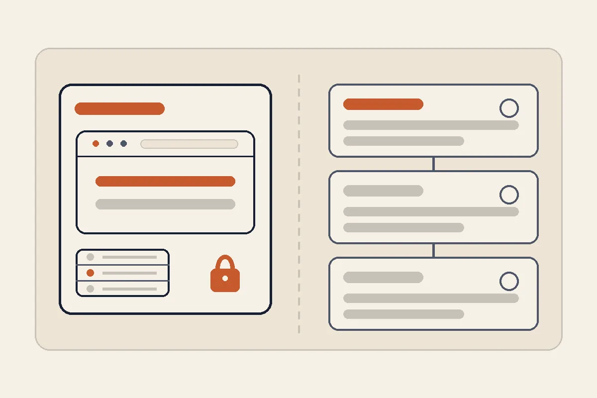 A single bundled box containing a website, servers and a security padlock on the left, set against three separate stacked cards wired together on the right, each carrying its own billing marker