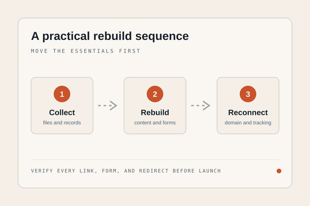 Three-step website rebuilding sequence: collect assets, rebuild content and forms, then reconnect the domain and tracking