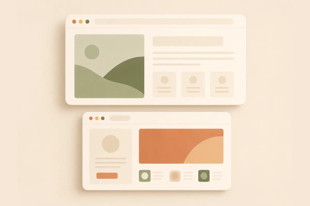 Two website browser layouts illustrating the choice between a free subdomain and a more established custom domain