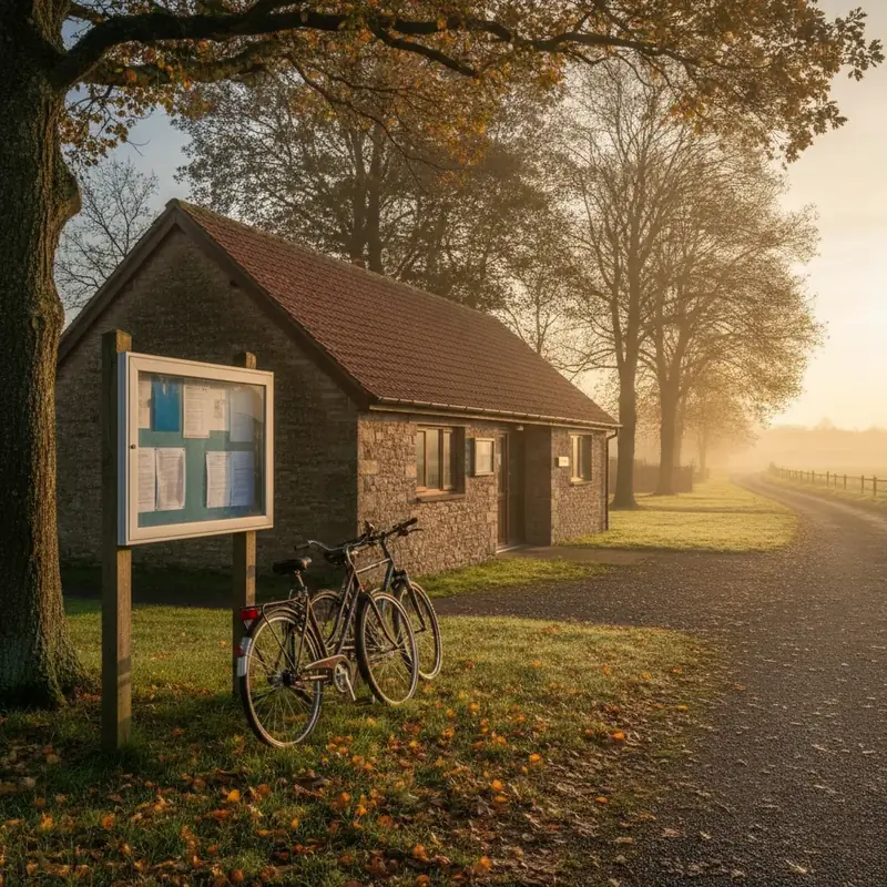 A rural community hall and public notice board beside a village road