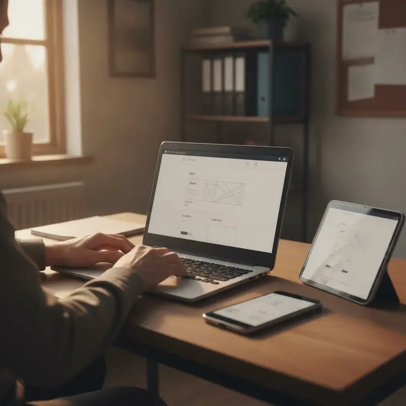 A village administrator updating a simple website on a laptop beside a smartphone