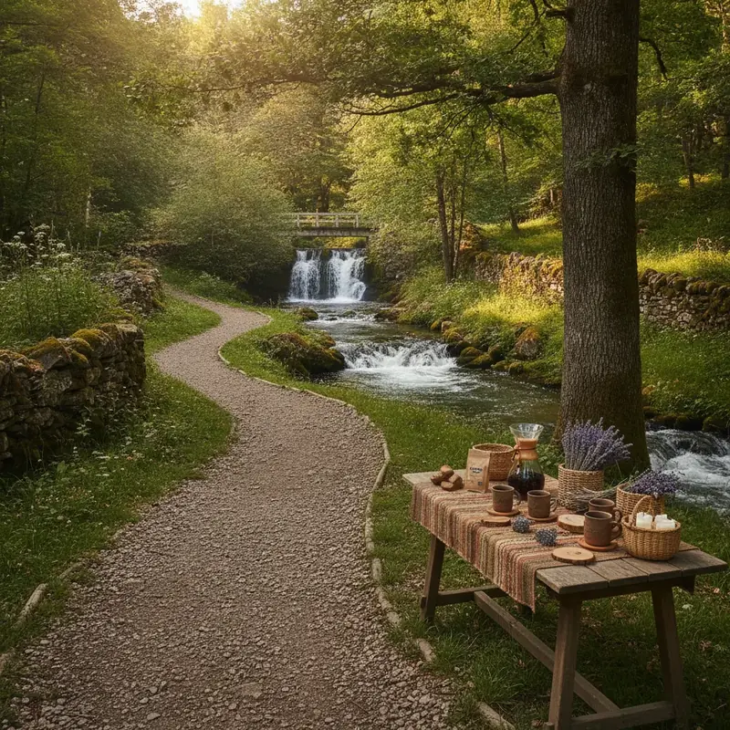 A village tourism path beside a waterfall and a table of local products