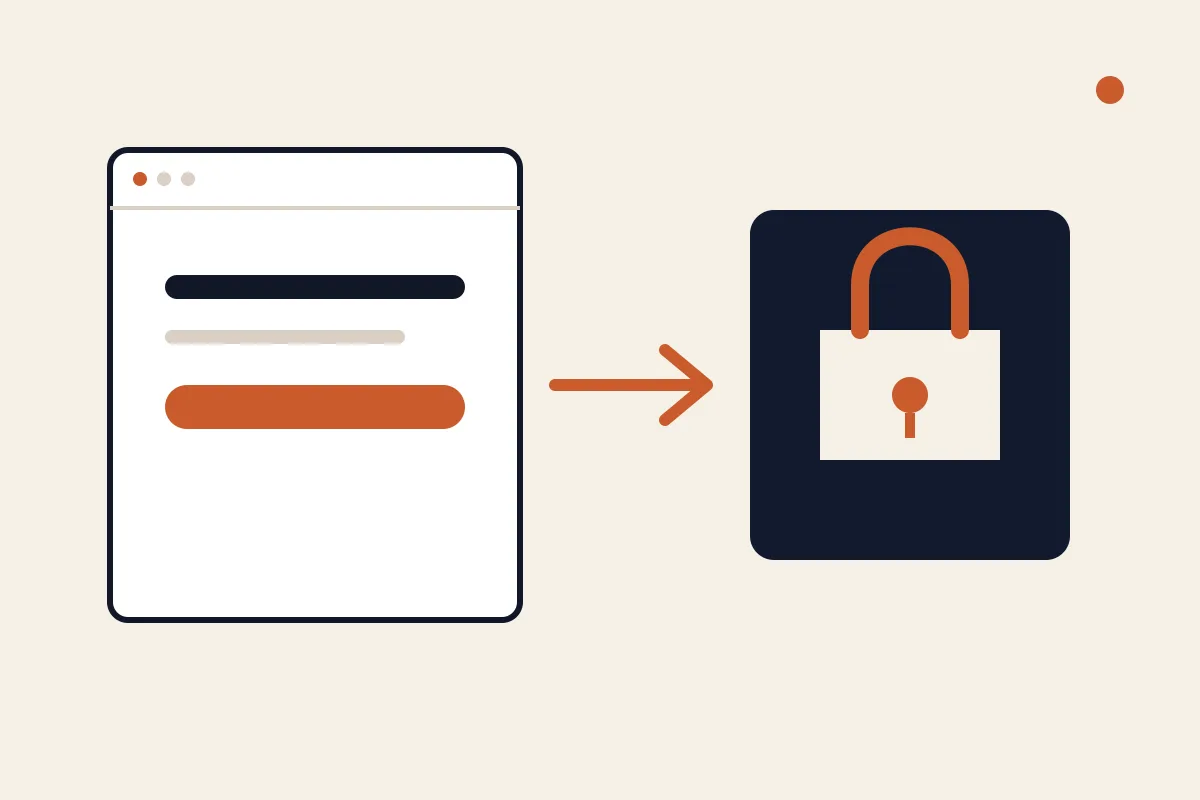A website browser panel moving toward a secured ownership card, representing domain access and a clean project handover.