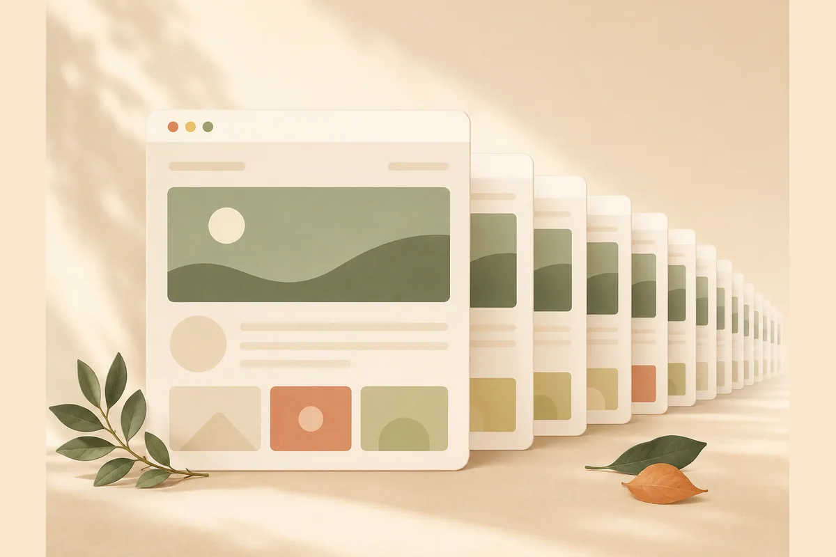 One browser window fanning out into many identical copies, representing repeatable website delivery at scale.